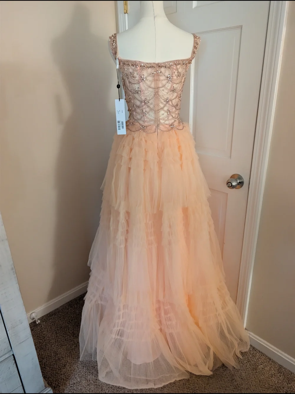 Jovani Blush Pink/ Peach Beaded Corset Tulle Ruffled Ball Gown Prom Dress 0